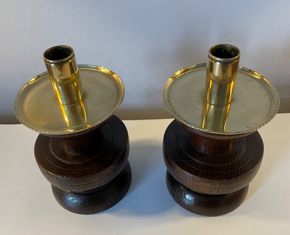 Pair Arts & Crafts oak and brass candlesticks c1870 View II
