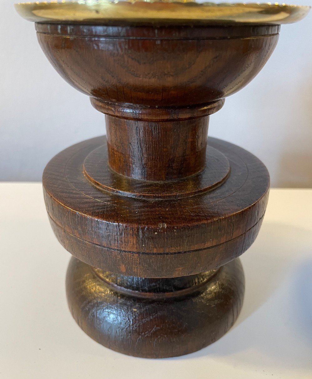 Pair Arts & Crafts oak and brass candlesticks c1870 View V