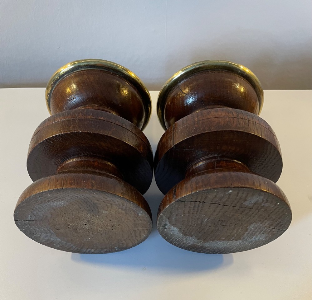 Pair Arts & Crafts oak and brass candlesticks c1870 View VIII