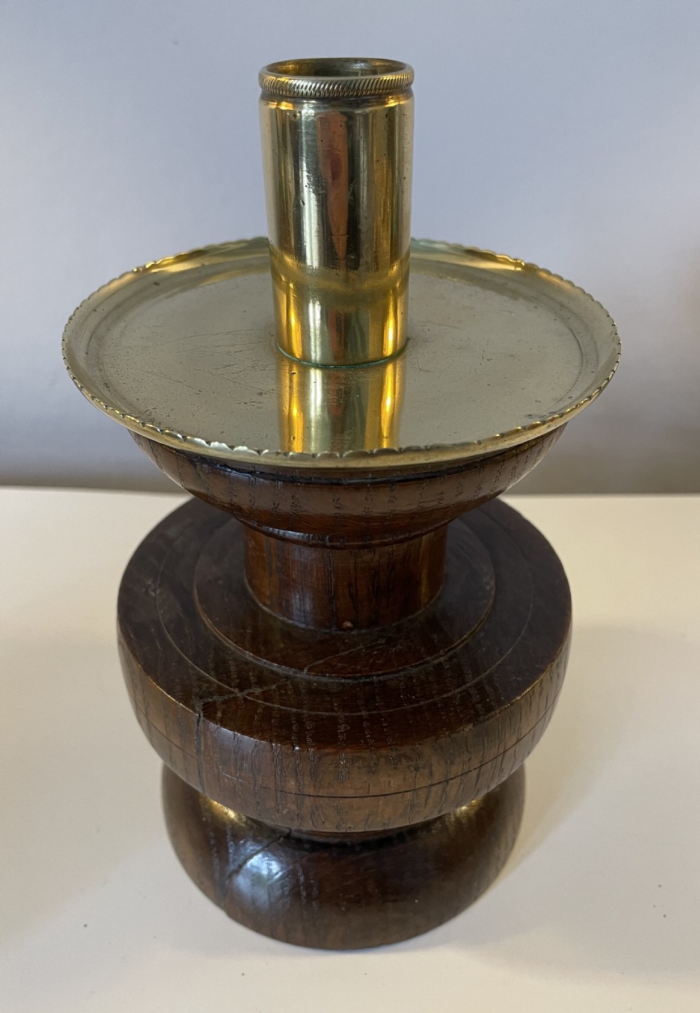 Pair Arts & Crafts oak and brass candlesticks c1870 View IX