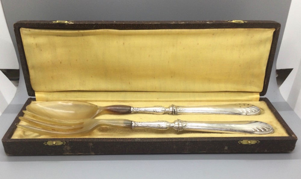 Late 19thC French horn and silver servers c1880