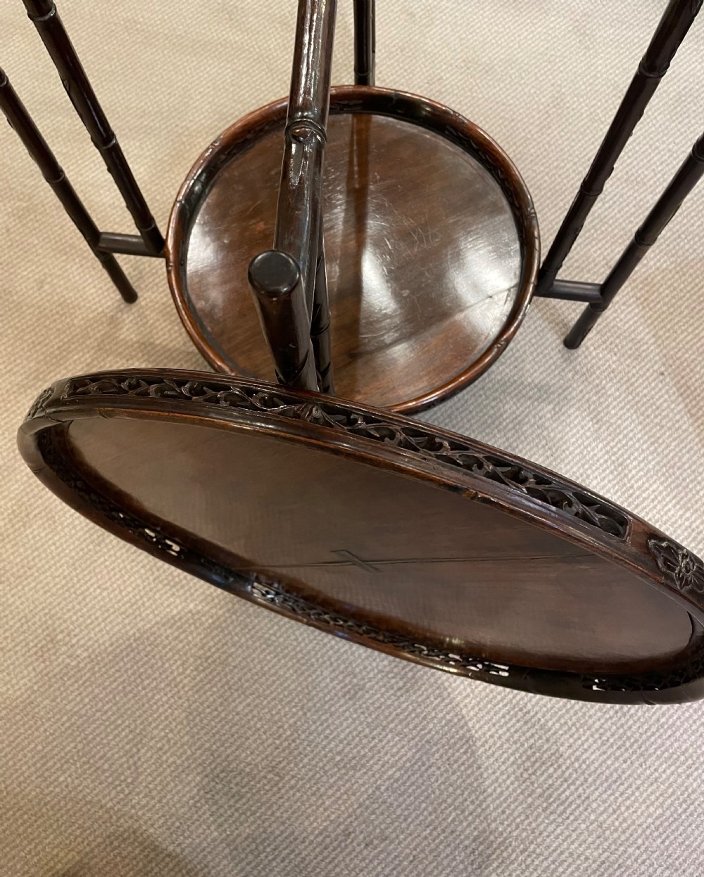 Colonial hardwood folding double tray table c1900 View X