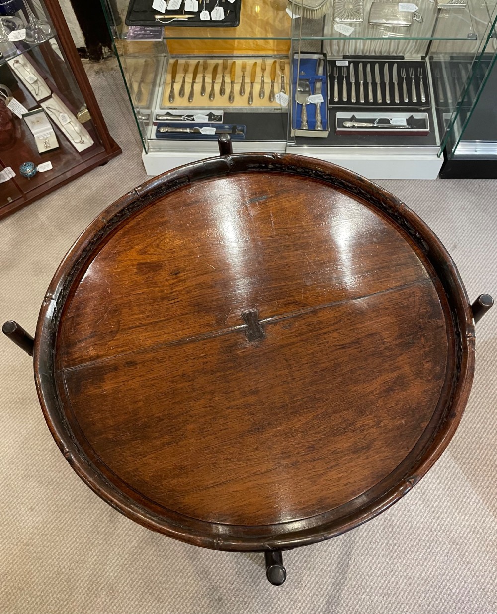 Colonial hardwood folding double tray table c1900 View XII