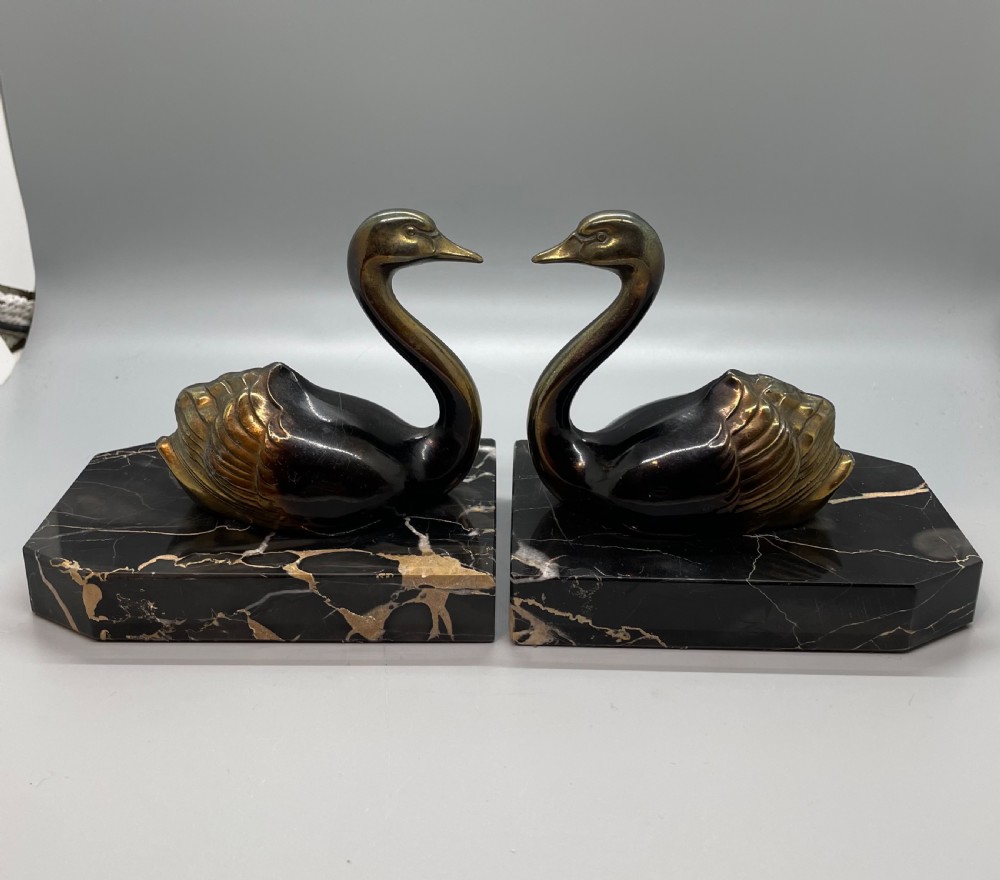 1930s French swan bookends marble bases