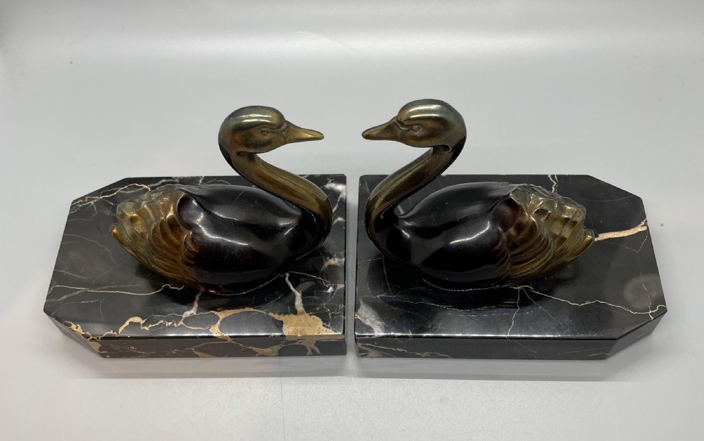 1930s French swan bookends marble bases View II