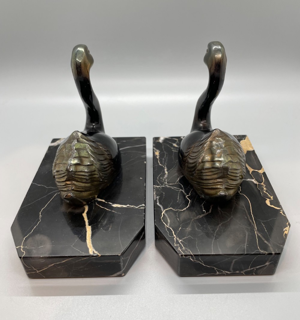 1930s French swan bookends marble bases View IV