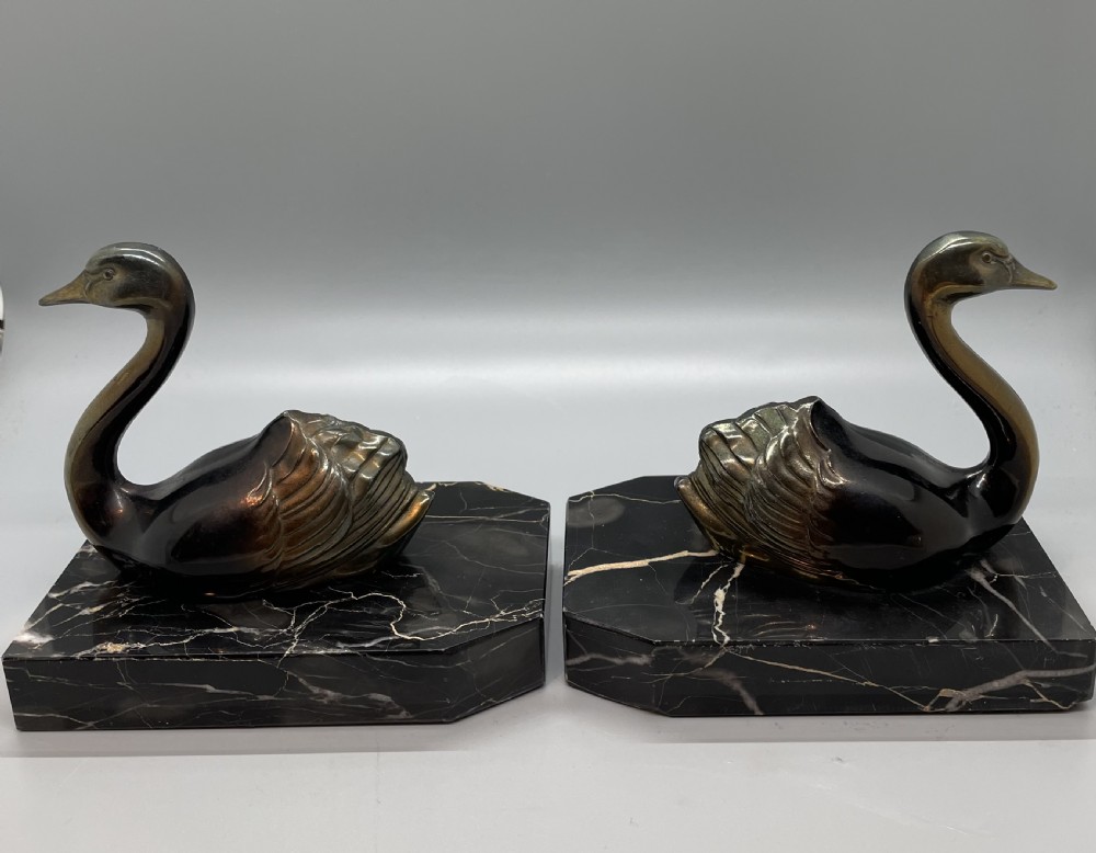 1930s French swan bookends marble bases View VI
