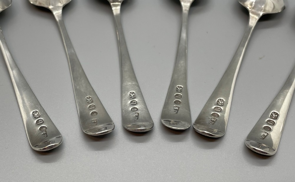 A set of six 18th-century George III sterling silver teaspoons with bright-cut lattice engraving along the handles. View VI