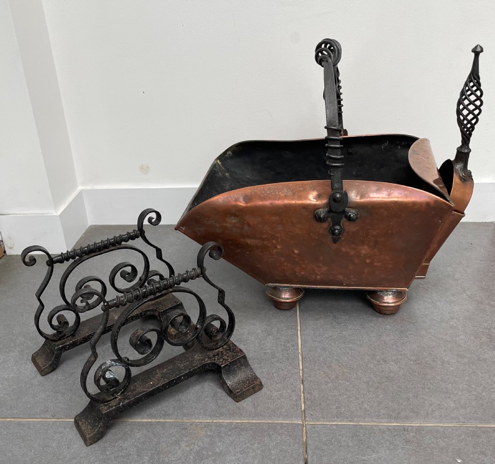 19thc Arts & Crafts copper scuttle and fire dogs set c1880