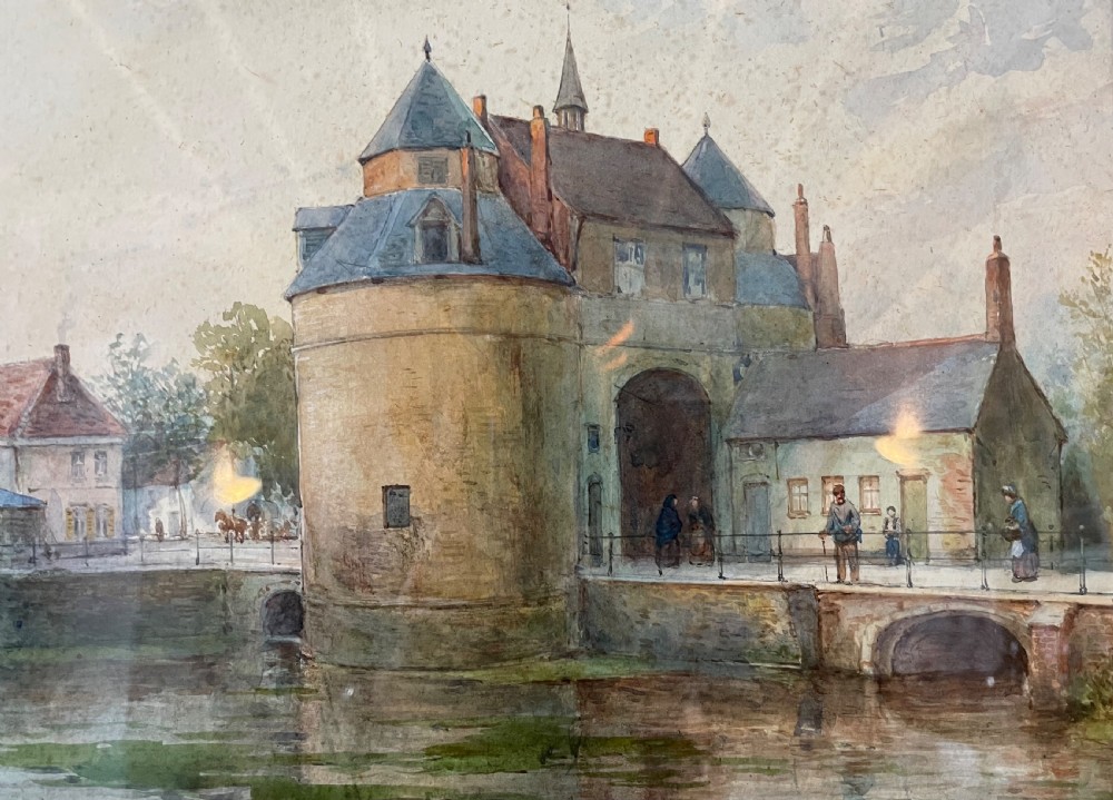 A framed Edwardian watercolour painting depicting the historic Porte dOstende gate and bridge in Bruges rendered in muted tones. View IV