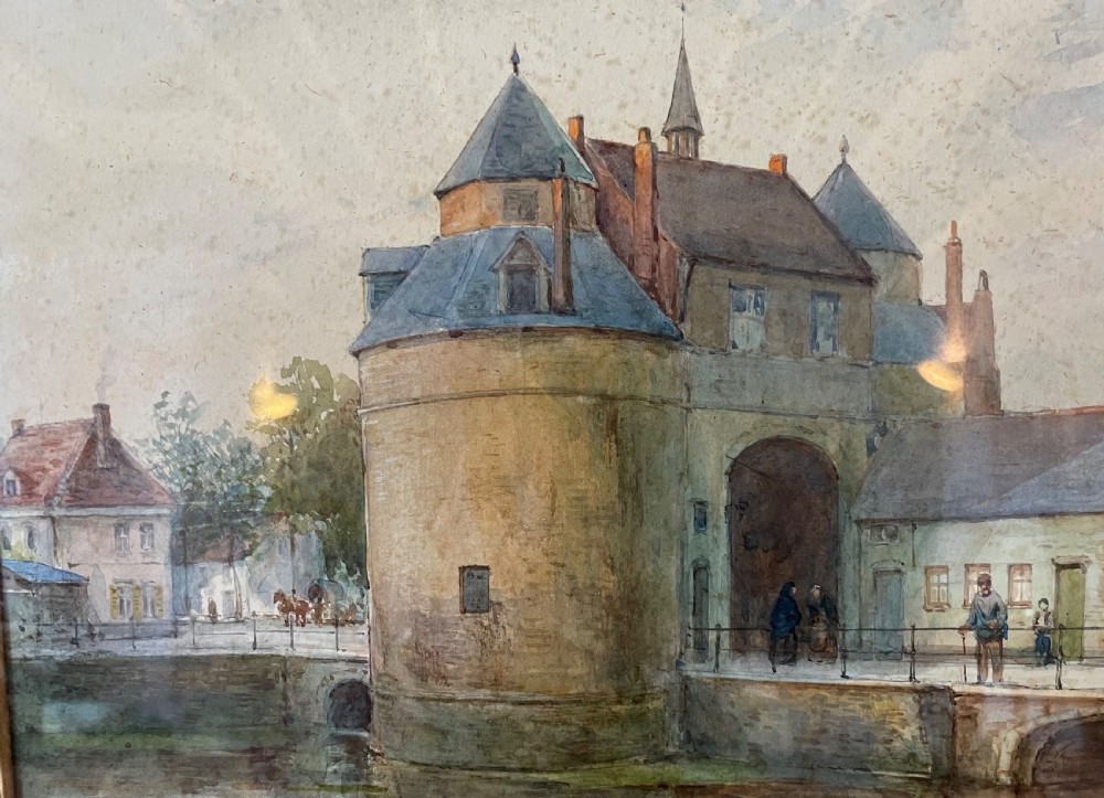A framed Edwardian watercolour painting depicting the historic Porte dOstende gate and bridge in Bruges rendered in muted tones. View VII
