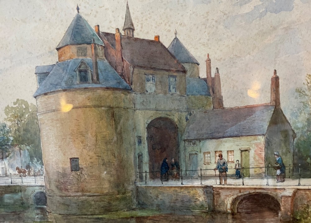 A framed Edwardian watercolour painting depicting the historic Porte dOstende gate and bridge in Bruges rendered in muted tones. View VIII