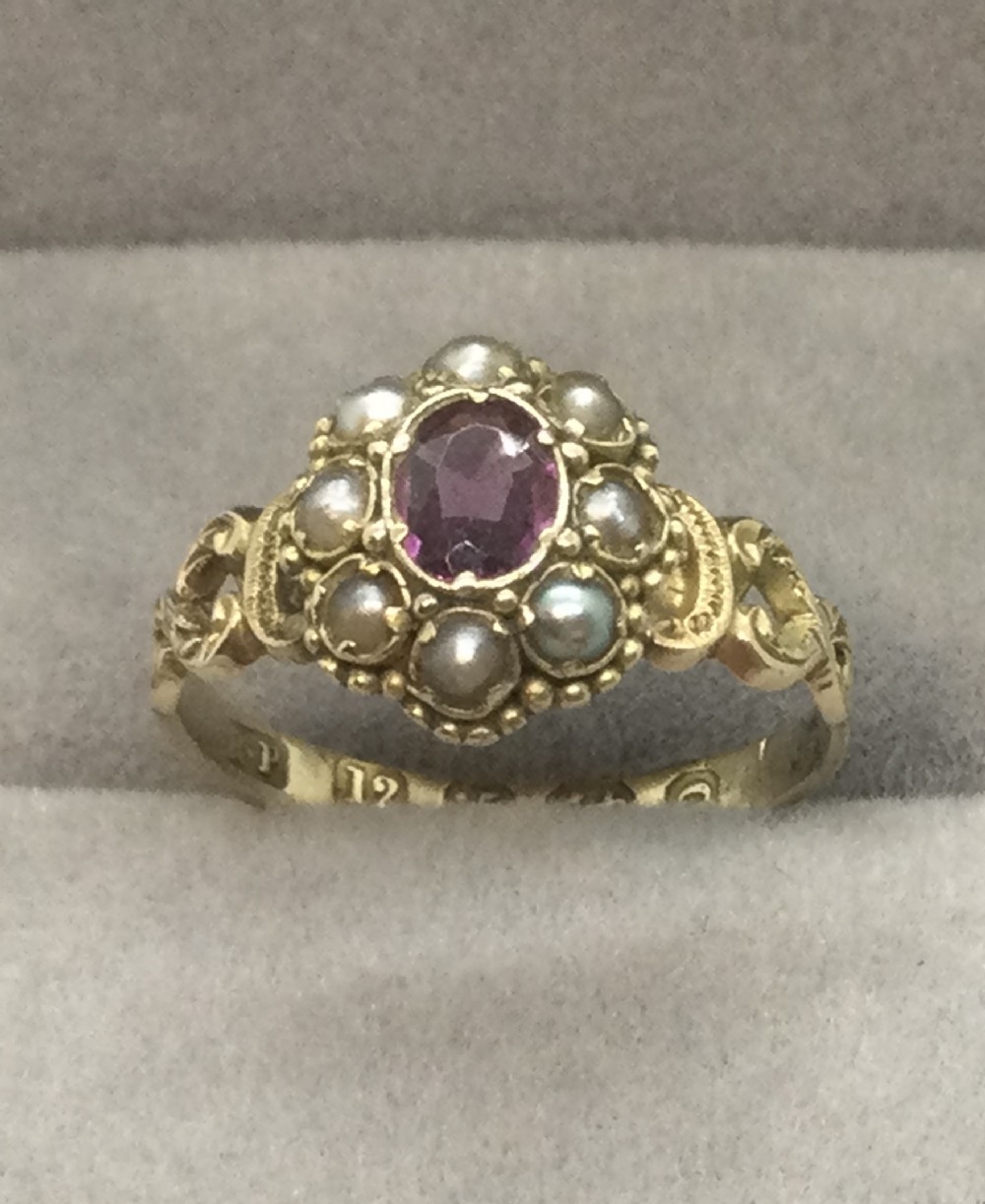 Antique 12.5ct  gold pink tourmaline pearl ring c1913