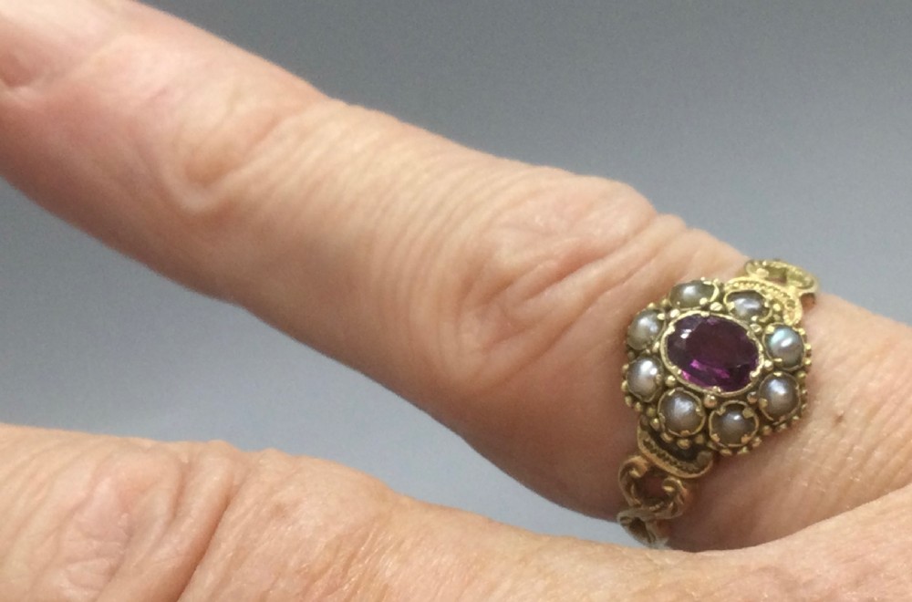 Antique 12.5ct  gold pink tourmaline pearl ring c1913 View XII