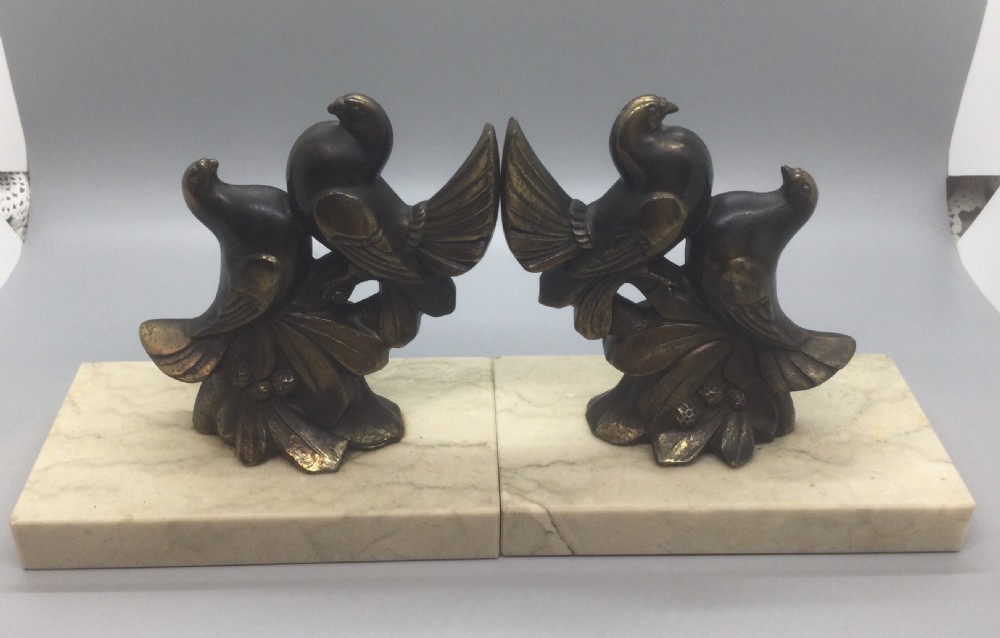Pair French Art Deco spelter dove bookends c1930