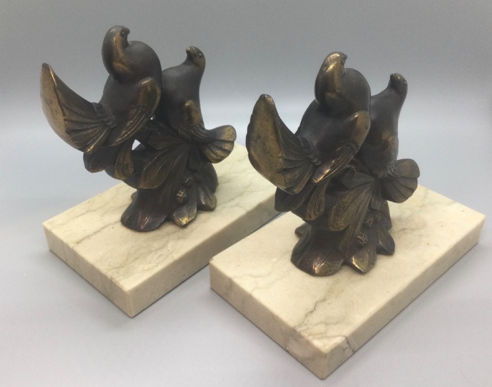 Pair French Art Deco spelter dove bookends c1930 View II