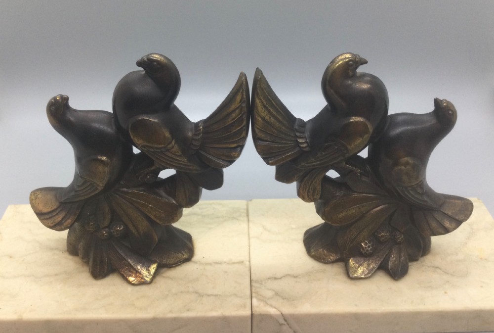 Pair French Art Deco spelter dove bookends c1930 View III