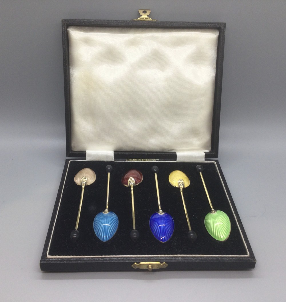 Art Deco set silver gilt enamel spoons Birmingham 1930