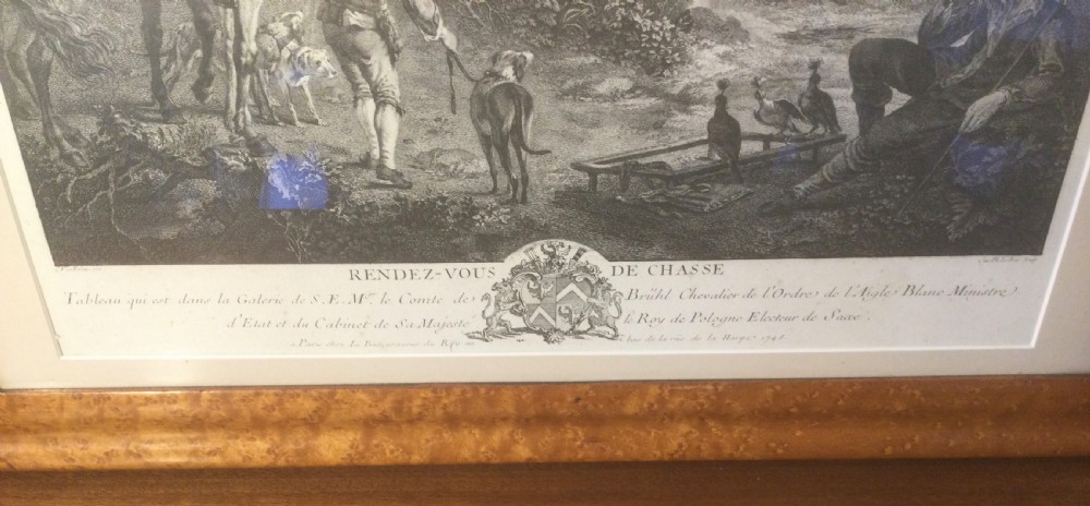 An 18th-century French monochrome engraving depicting figures and horses in a rural landscape, housed within a burr wood frame. View III