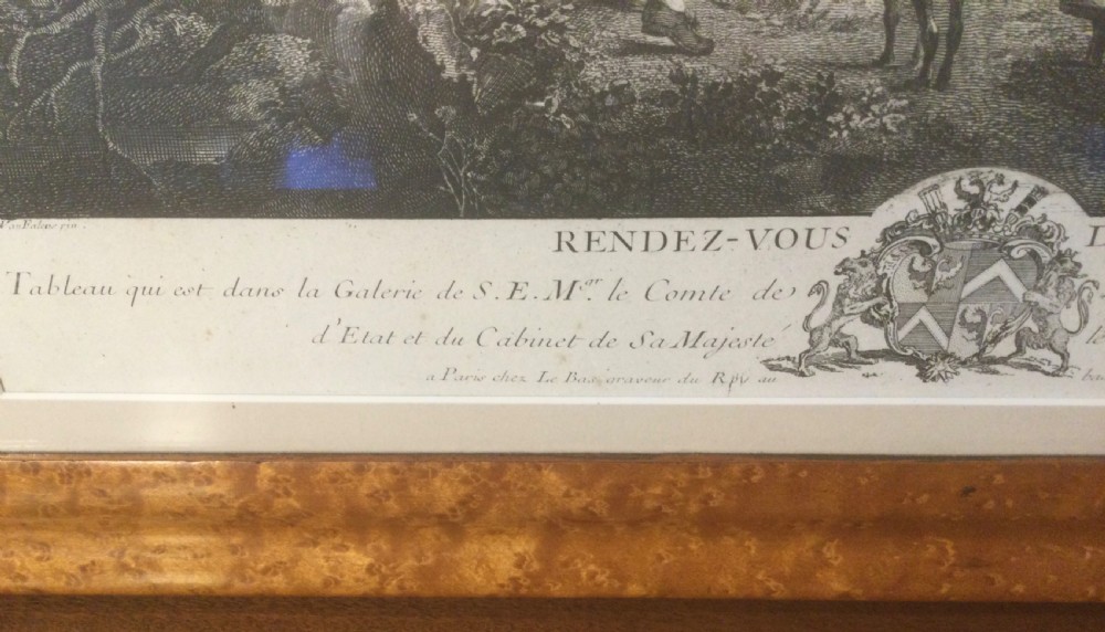 An 18th-century French monochrome engraving depicting figures and horses in a rural landscape, housed within a burr wood frame. View IV