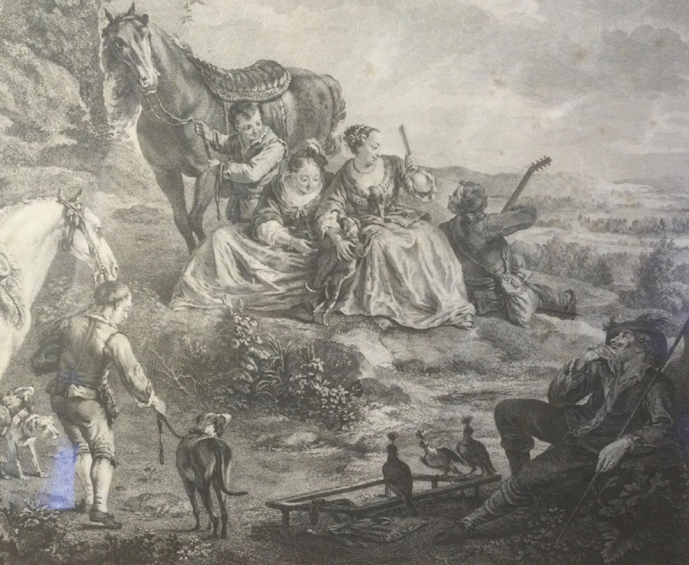 An 18th-century French monochrome engraving depicting figures and horses in a rural landscape, housed within a burr wood frame. View IX