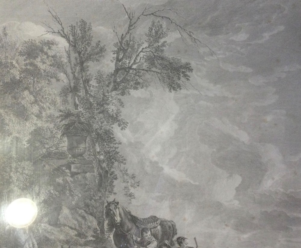 An 18th-century French monochrome engraving depicting figures and horses in a rural landscape, housed within a burr wood frame. View XI