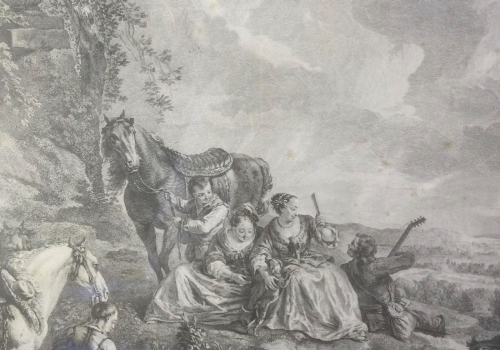 An 18th-century French monochrome engraving depicting figures and horses in a rural landscape, housed within a burr wood frame. View XII