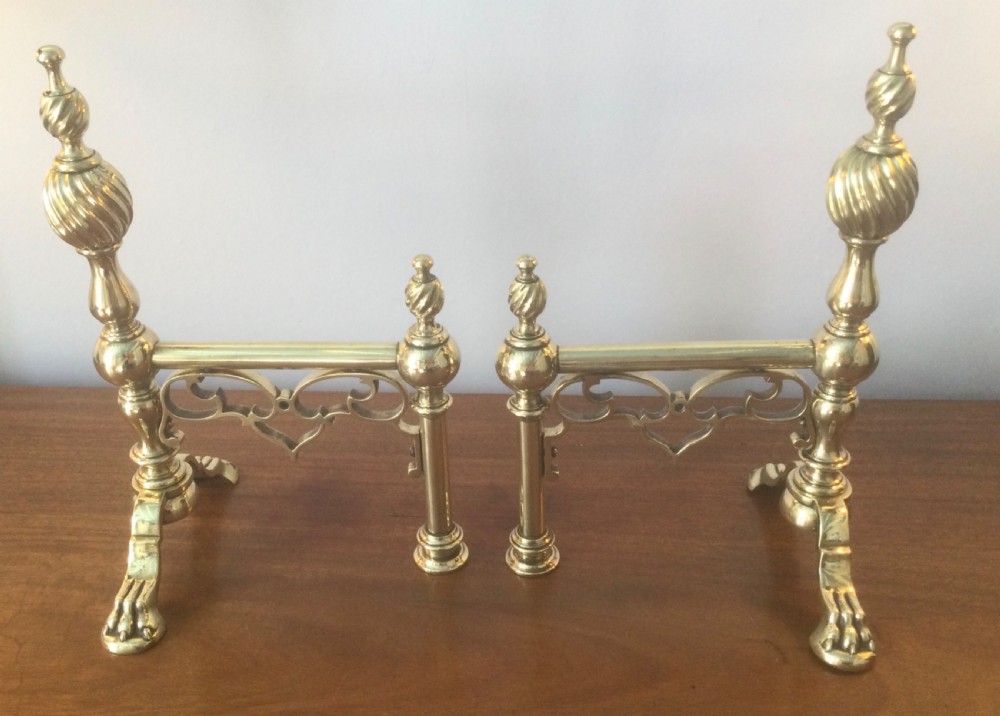 Quality Victorian pair brass fire dogs c1870 View III