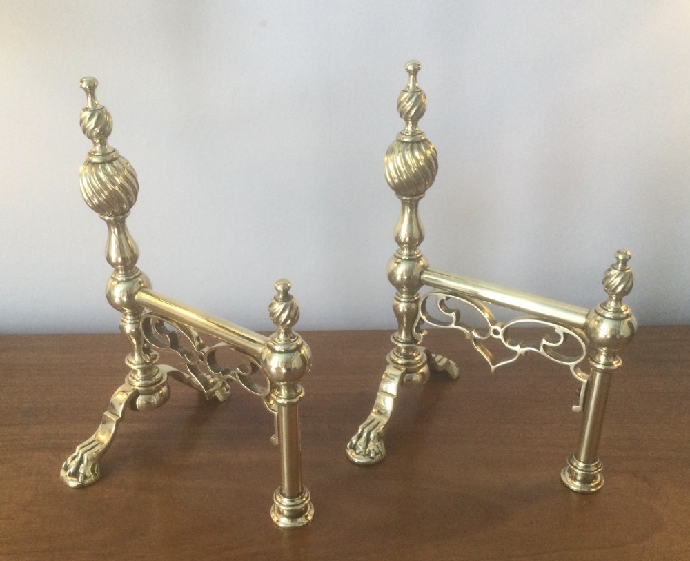 Quality Victorian pair brass fire dogs c1870 View IV