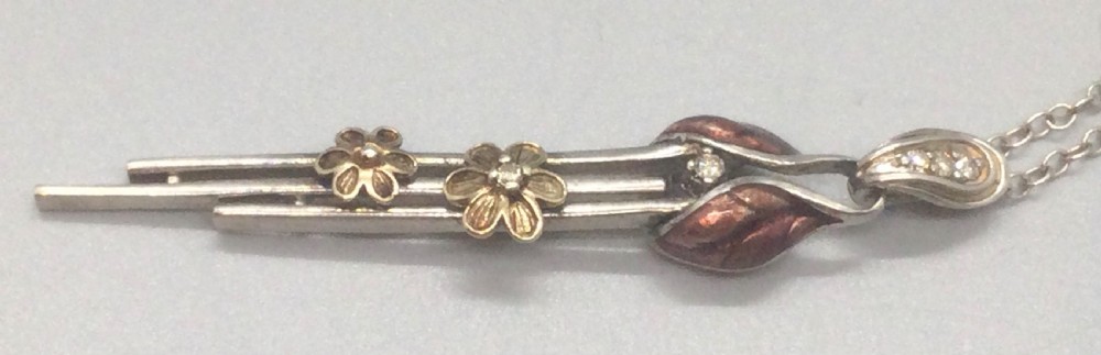 Art Nouveau silver, gold, diamond, enamel pendant necklace c1900 View IV