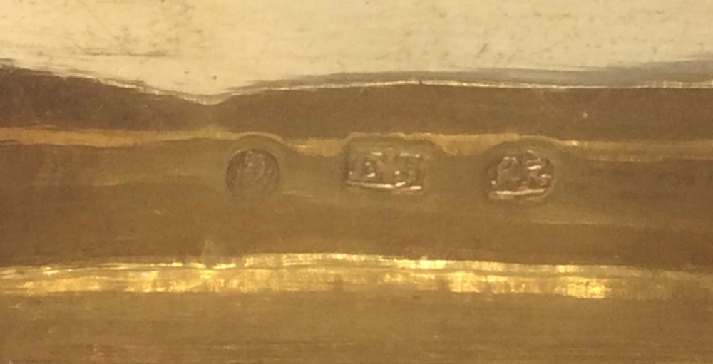 A rectangular Georgian sterling silver snuff box displaying geometric engine-turned engraving, a plain rectangular cartouche, and a chased silver thumbpiece. View XI