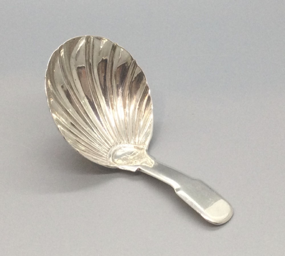 A Regency sterling silver caddy spoon featuring a fluted shell-shaped bowl and a short flat stem.