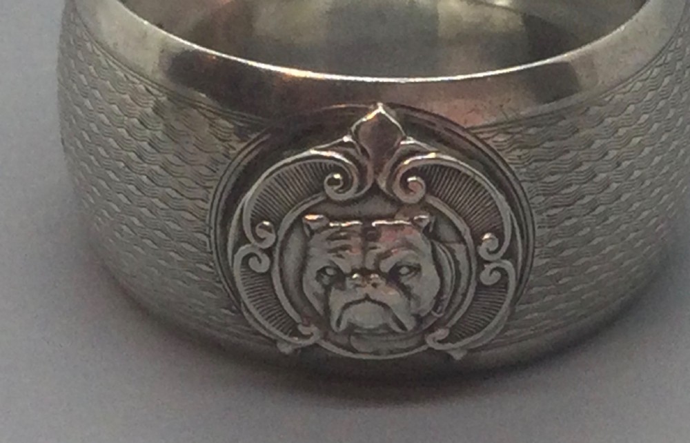 Rare Edwardian silver bulldog napkin ring Birmingham 1904 View VII