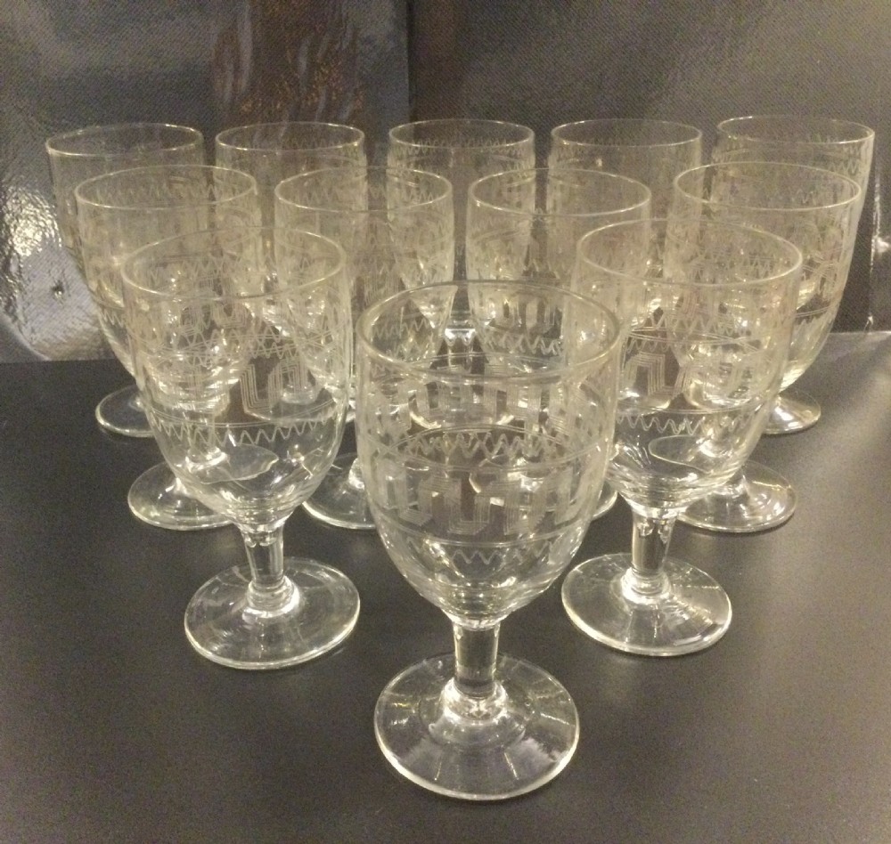 Set 12 French vintage wine glasses c1920 View X