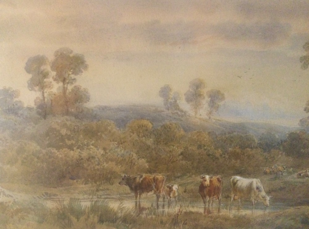 A mid-19th-century watercolour painting depicting a pastoral landscape with cows drinking near a dirt track, housed in a gilt frame. View VI