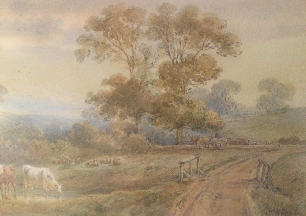 A mid-19th-century watercolour painting depicting a pastoral landscape with cows drinking near a dirt track, housed in a gilt frame. View VII