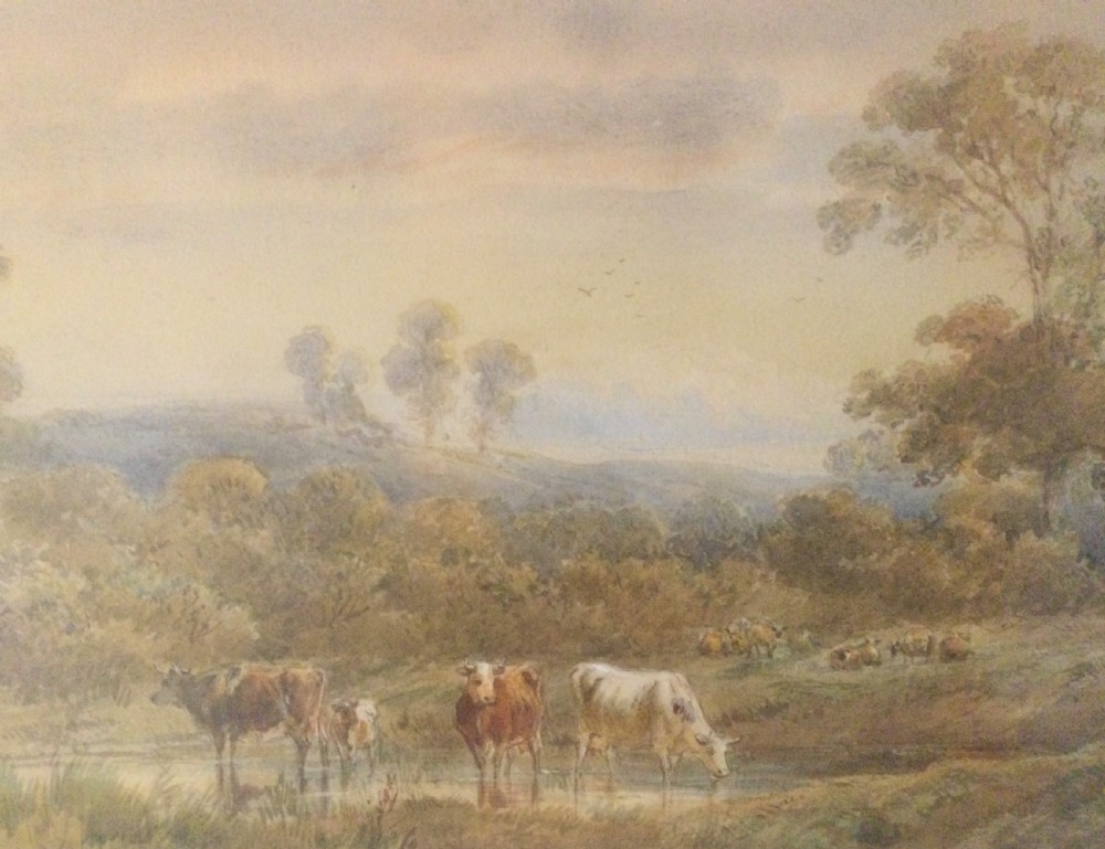 A mid-19th-century watercolour painting depicting a pastoral landscape with cows drinking near a dirt track, housed in a gilt frame. View VIII