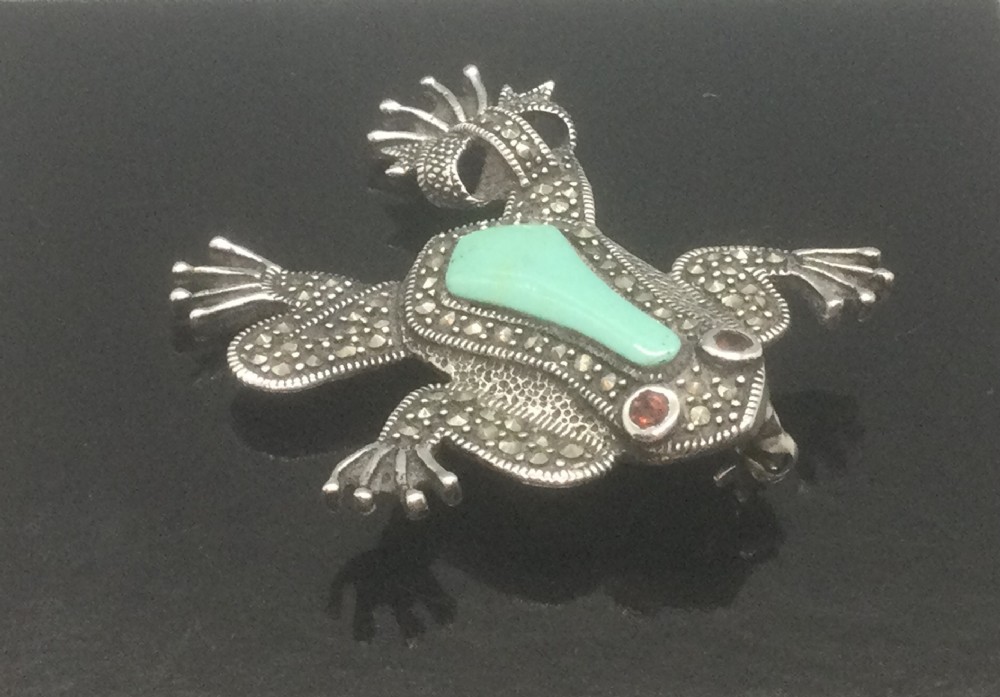 Vintage silver turquoise garnet marcasite frog brooch c1930