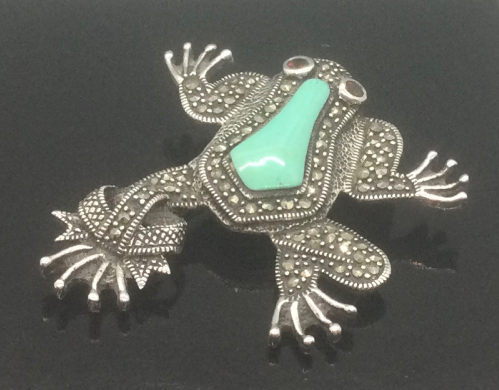 Vintage silver turquoise garnet marcasite frog brooch c1930 View VI