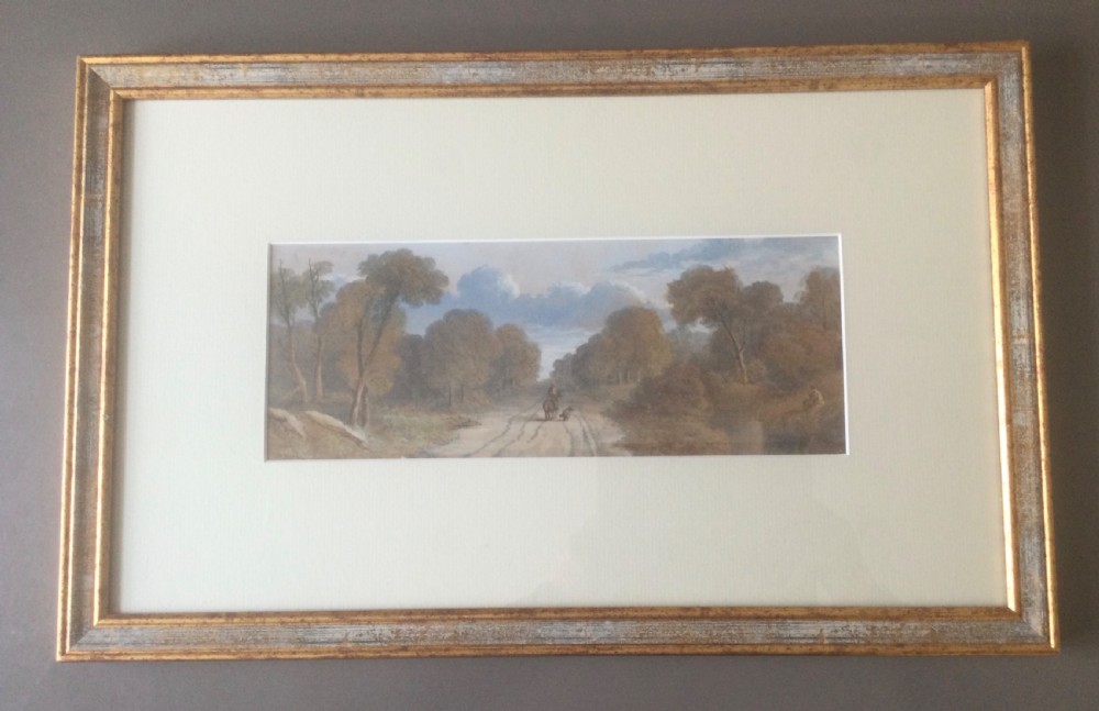 Pair of mid-19th century Victorian landscape watercolour paintings in gold leaf gilt frames depicting rural country roads. View II
