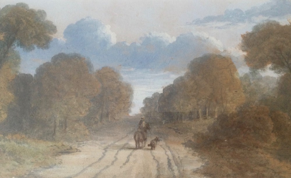 Pair of mid-19th century Victorian landscape watercolour paintings in gold leaf gilt frames depicting rural country roads. View V