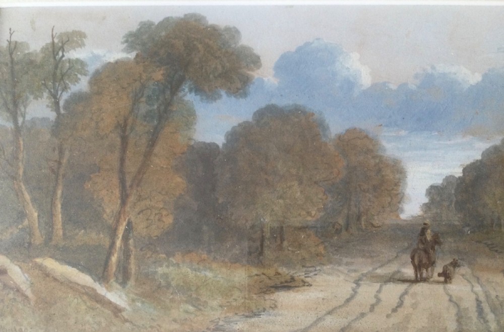 Pair of mid-19th century Victorian landscape watercolour paintings in gold leaf gilt frames depicting rural country roads. View VI