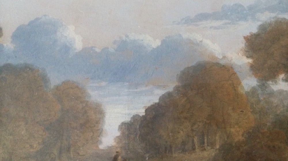 Pair of mid-19th century Victorian landscape watercolour paintings in gold leaf gilt frames depicting rural country roads. View X