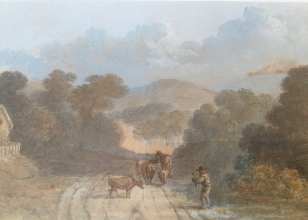 Pair of mid-19th century Victorian landscape watercolour paintings in gold leaf gilt frames depicting rural country roads. View XIII