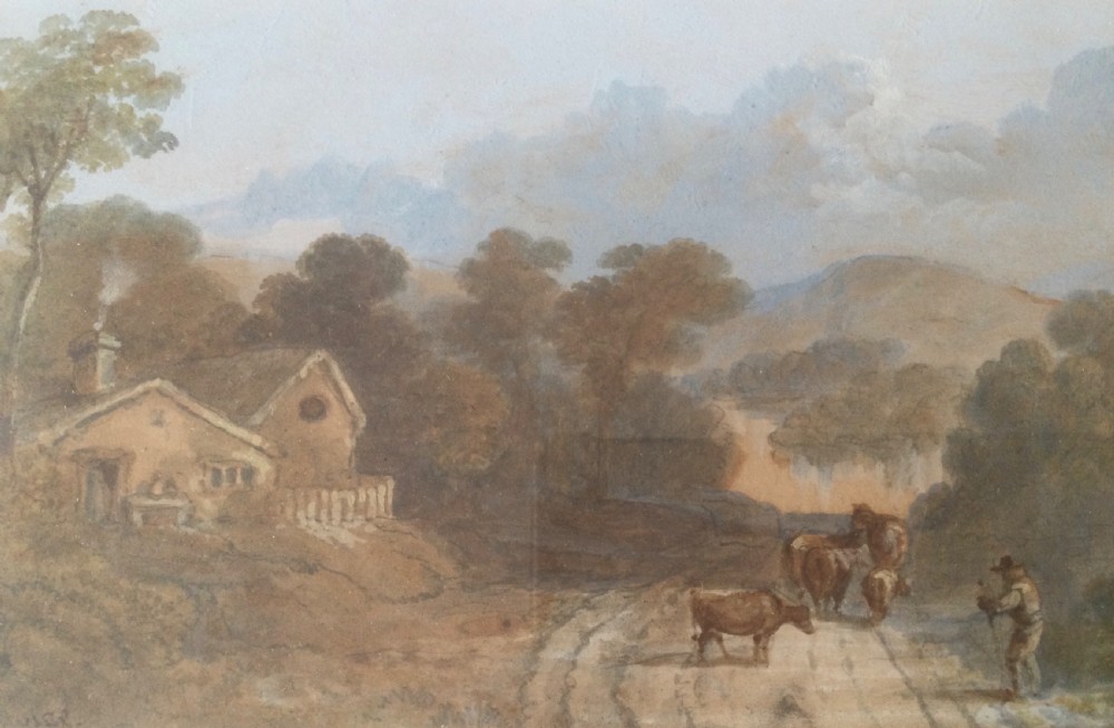 Pair of mid-19th century Victorian landscape watercolour paintings in gold leaf gilt frames depicting rural country roads. View XIV