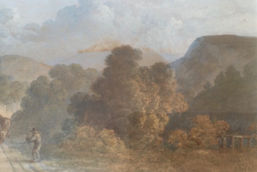 Pair of mid-19th century Victorian landscape watercolour paintings in gold leaf gilt frames depicting rural country roads. View XV