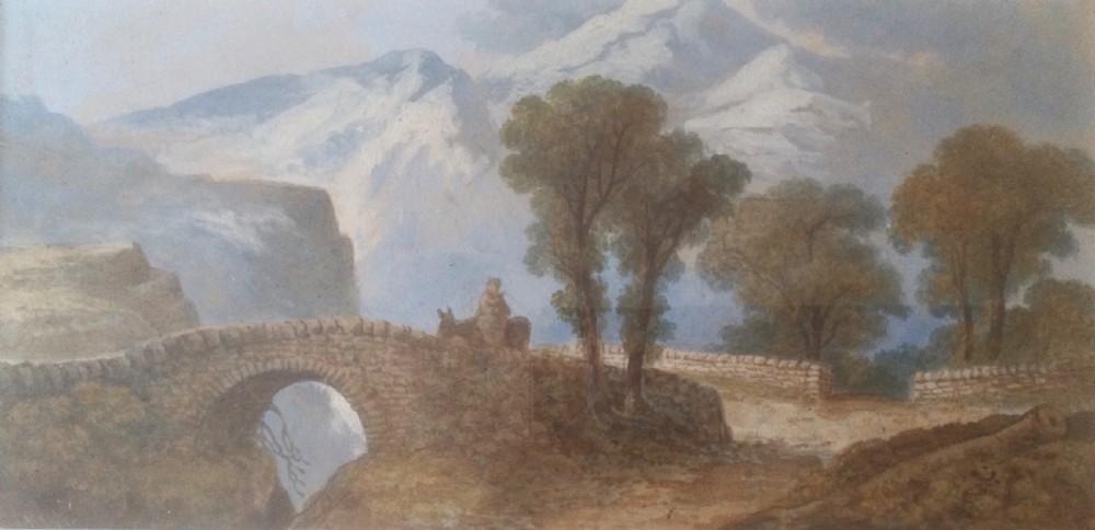 A 19th-century framed watercolour landscape painting featuring a stone arch bridge, trees, and distant mountains. View III