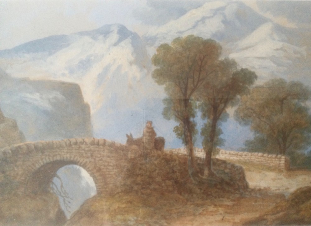 A 19th-century framed watercolour landscape painting featuring a stone arch bridge, trees, and distant mountains. View IV