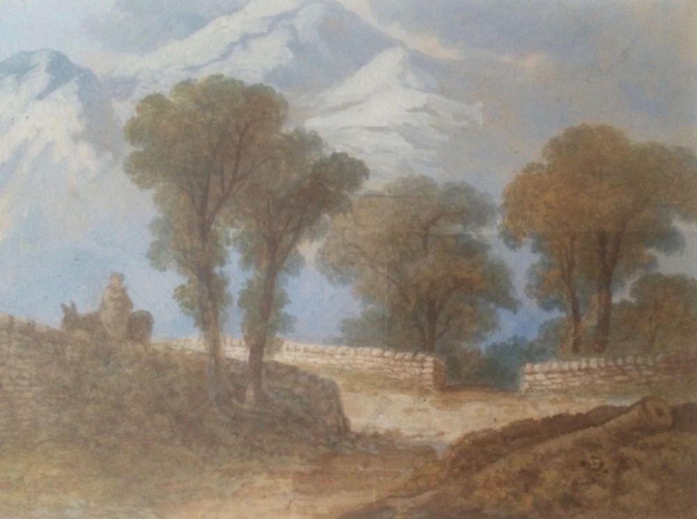 A 19th-century framed watercolour landscape painting featuring a stone arch bridge, trees, and distant mountains. View V