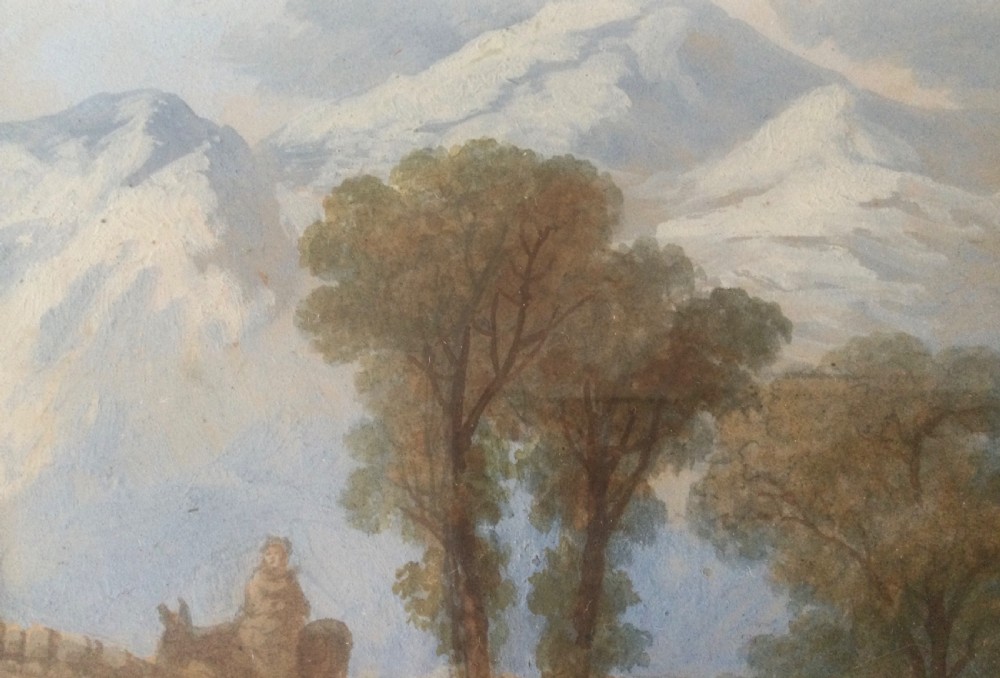 A 19th-century framed watercolour landscape painting featuring a stone arch bridge, trees, and distant mountains. View X
